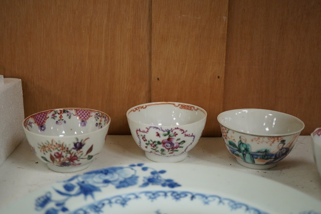 Four 18th century Chinese export blue and white dishes, four tea bowls and a Delft dish